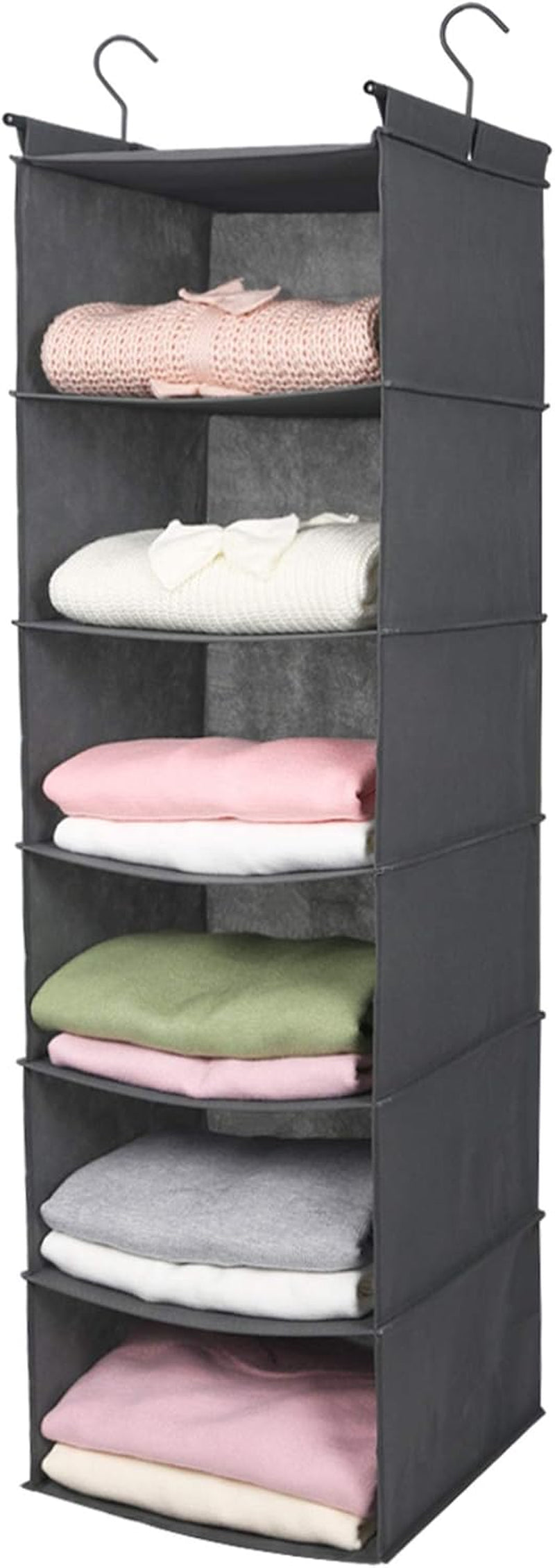 6 Tier Shelf Hanging Closet Organizer, Closet Hanging Shelf with 2 Sturdy Hooks for Storage, Foldable (Grey)