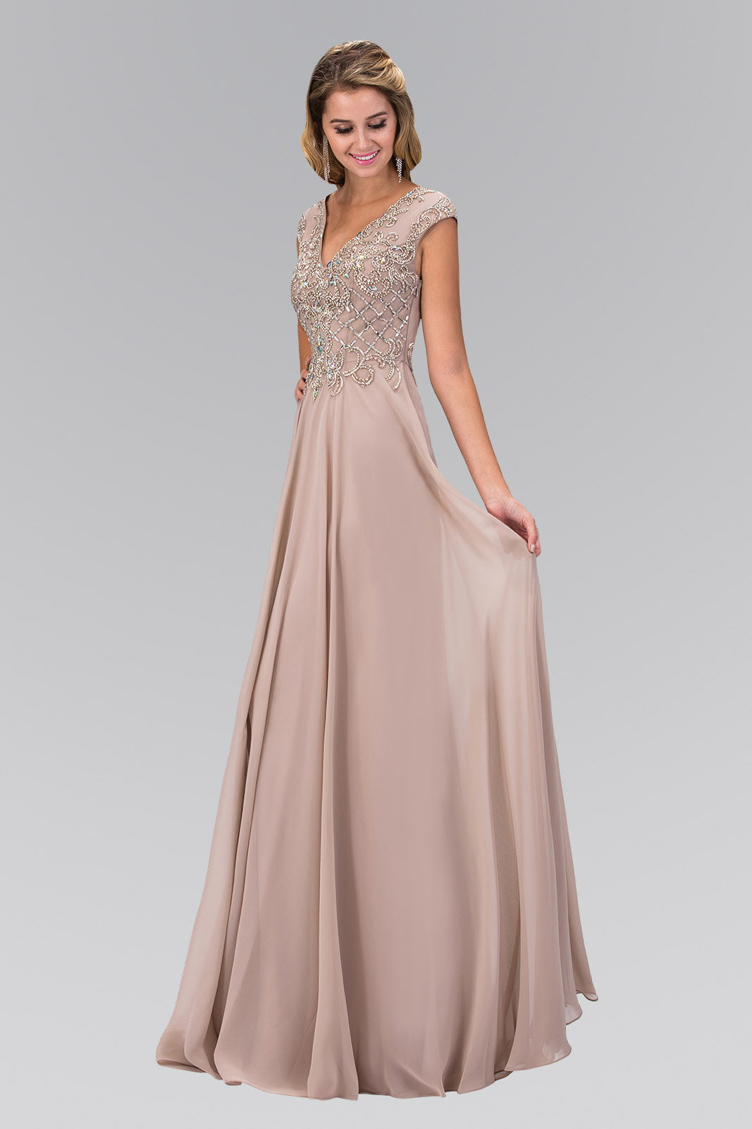 V-Neck Chiffon Floor Length Dress with Jewel Embellished Bodice