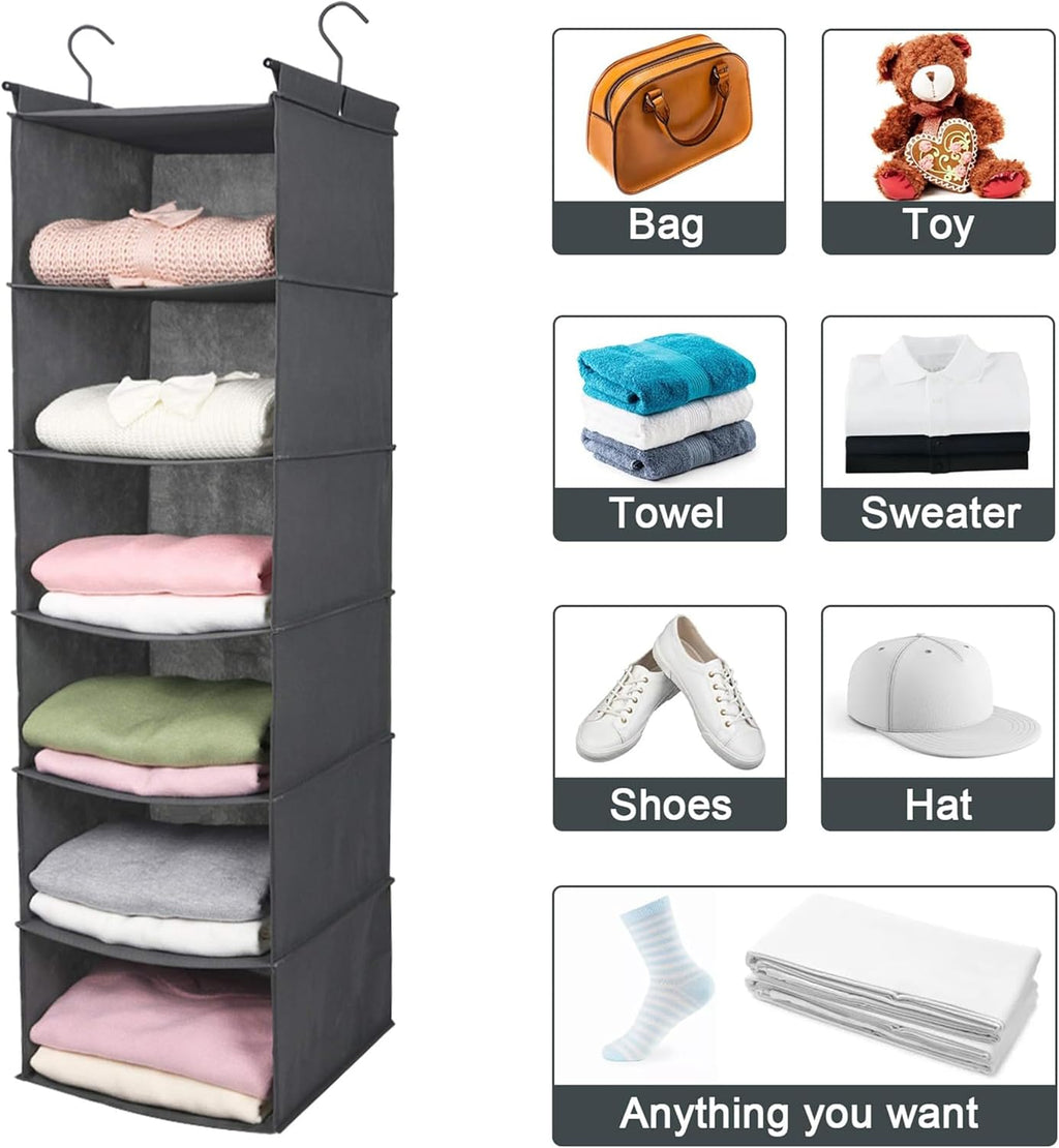 6 Tier Shelf Hanging Closet Organizer, Closet Hanging Shelf with 2 Sturdy Hooks for Storage, Foldable (Grey)