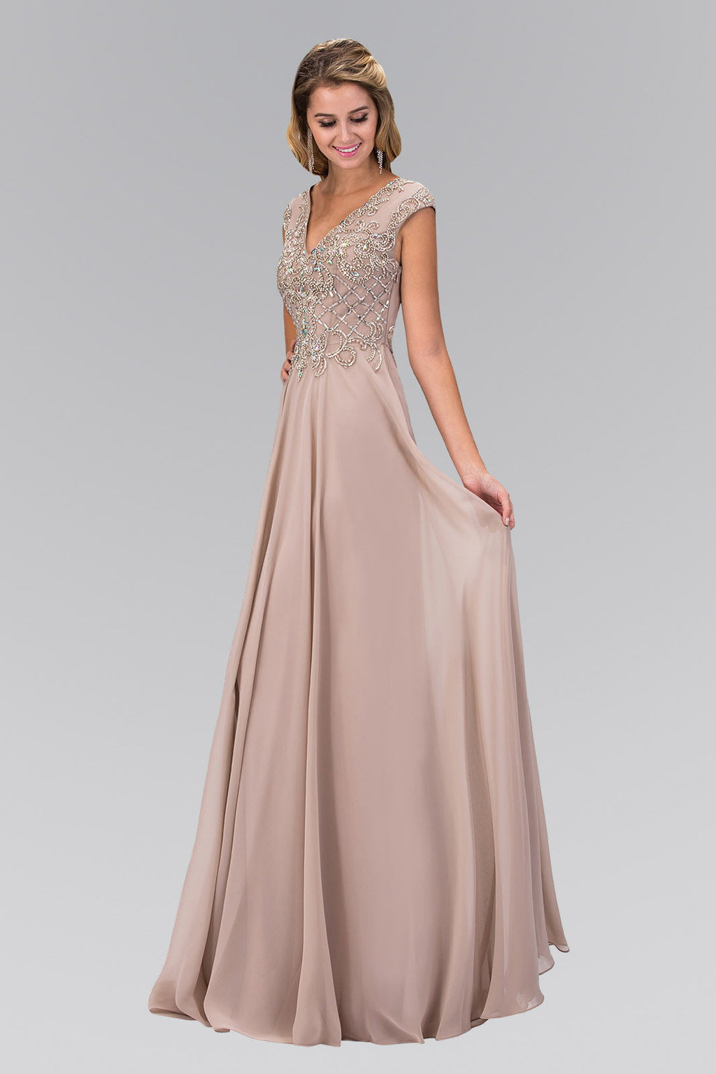 V-Neck Chiffon Floor Length Dress with Jewel Embellished Bodice